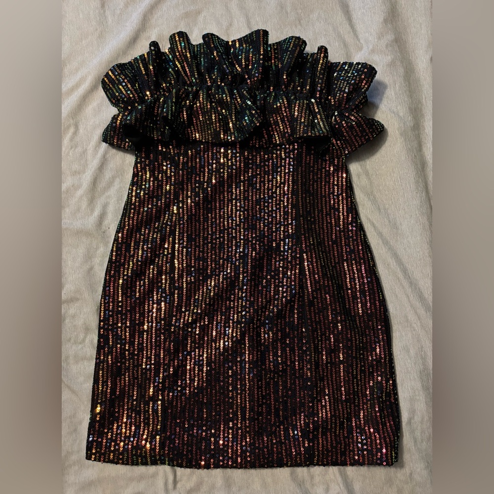 Green/Orange/Multicolor Strapless Ruffle Top Sequin Homecoming Dress